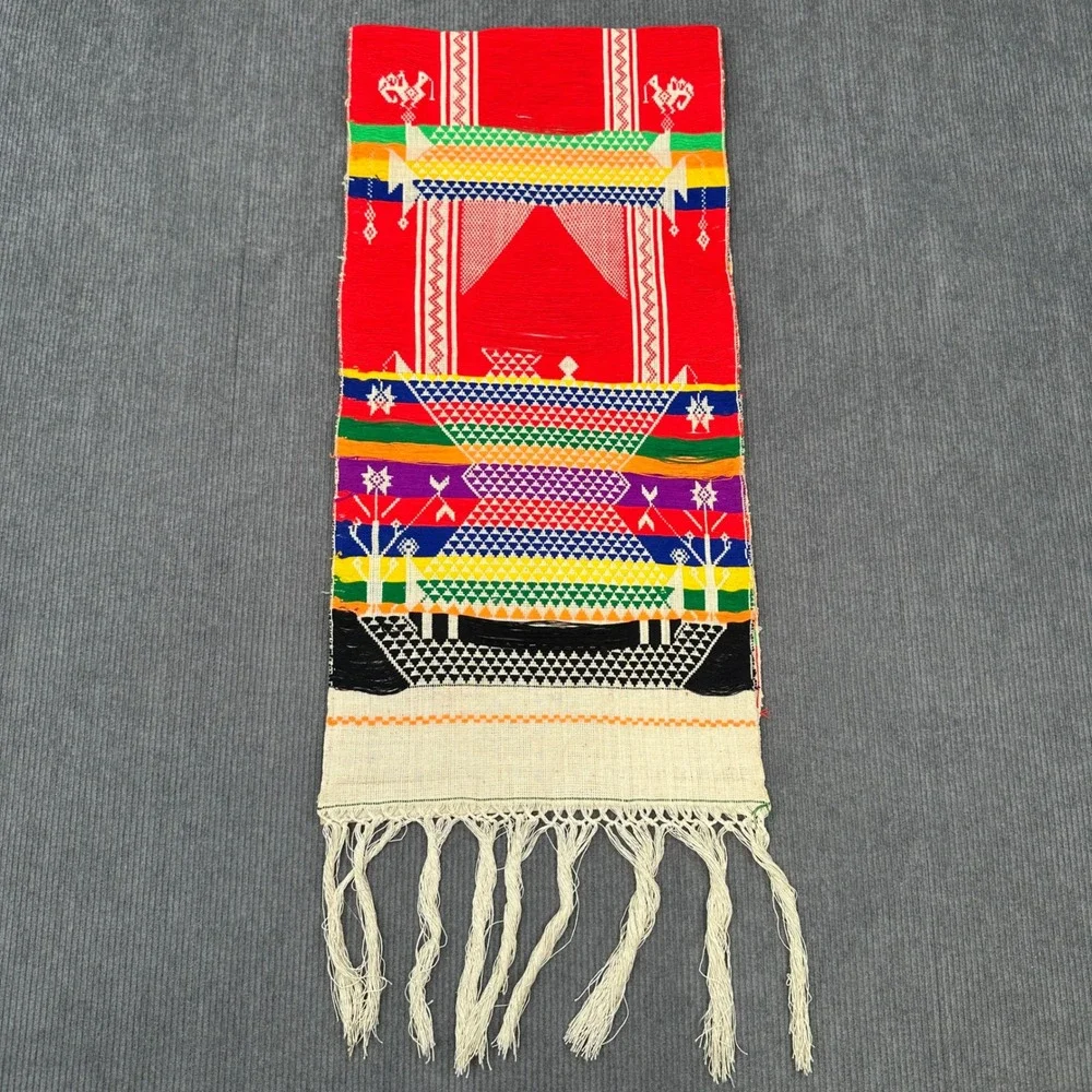 Vintage Handwoven Folk Art Textile Table Runner Rainbow Geometric Fringe‎ 42x10